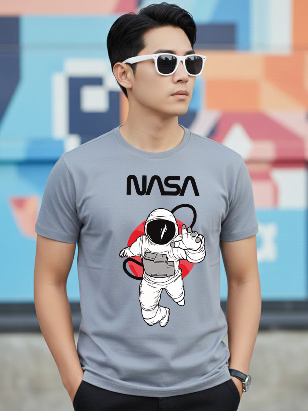 Greylongg Round Neck Nasa Design Printed T-Shirt.
