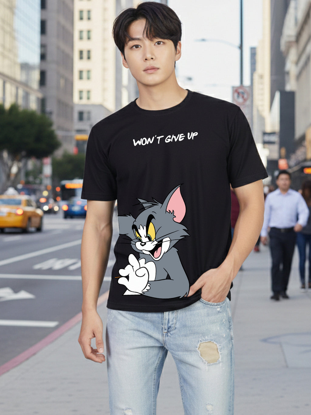 Greylongg Round Neck Tom Jerry Won't Give UpPrinted T-Shirt