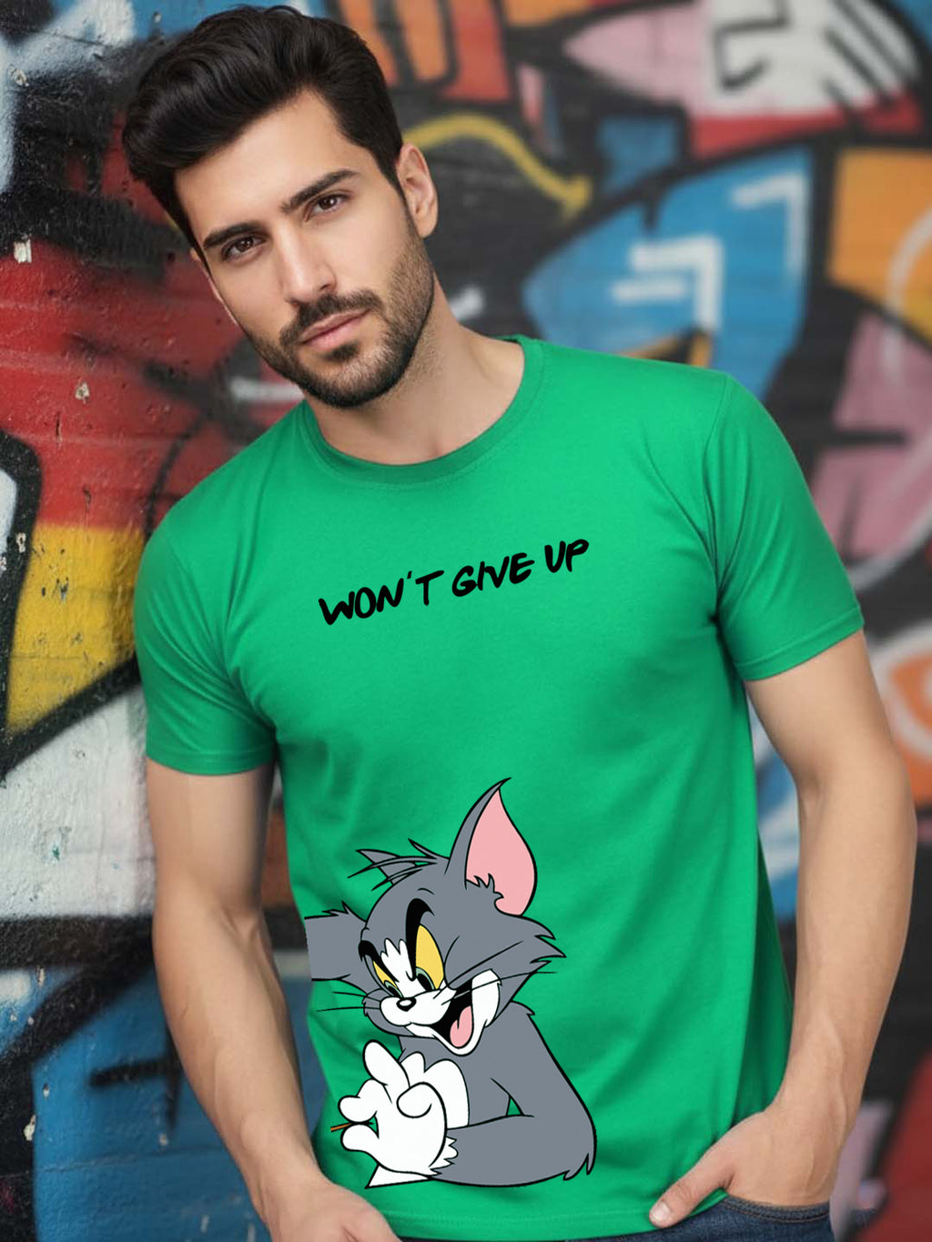 Greylongg Round Neck Tom Jerry Won't Give UpPrinted T-Shirt