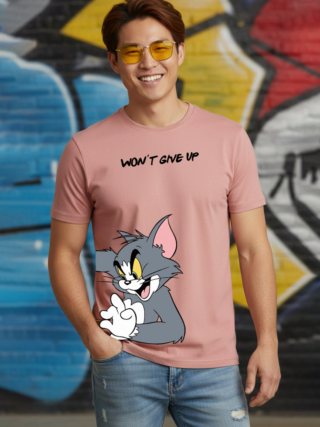 Greylongg Round Neck Tom Jerry Won't Give UpPrinted T-Shirt