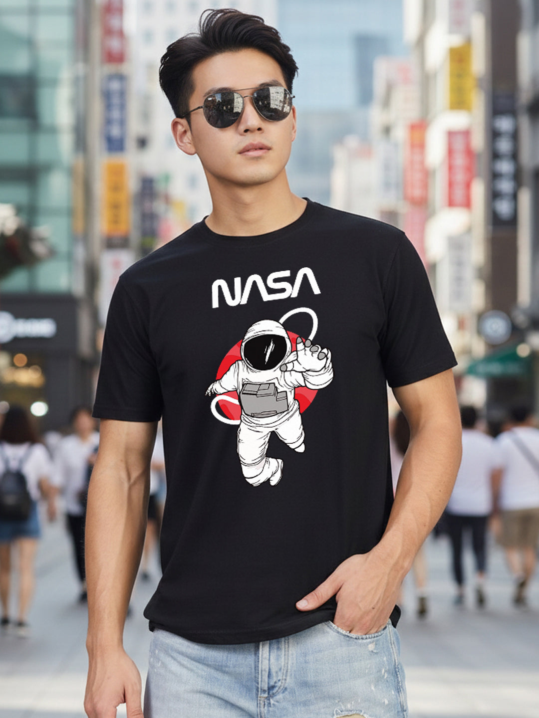 Greylongg Round Neck Nasa Design Printed T-Shirt.
