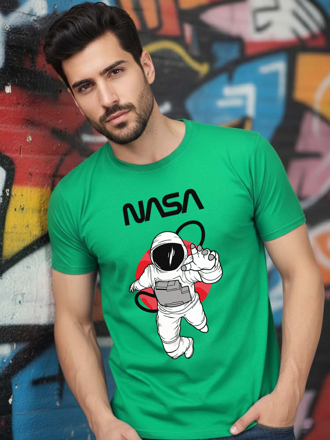 Greylongg Round Neck Nasa Design Printed T-Shirt.