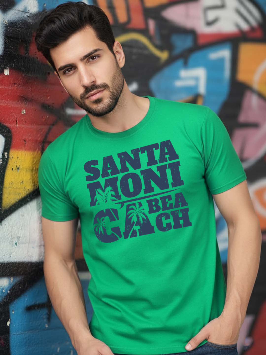 Greylongg Round Neck Santa Moni Cabeach Design Printed T-Shirt.