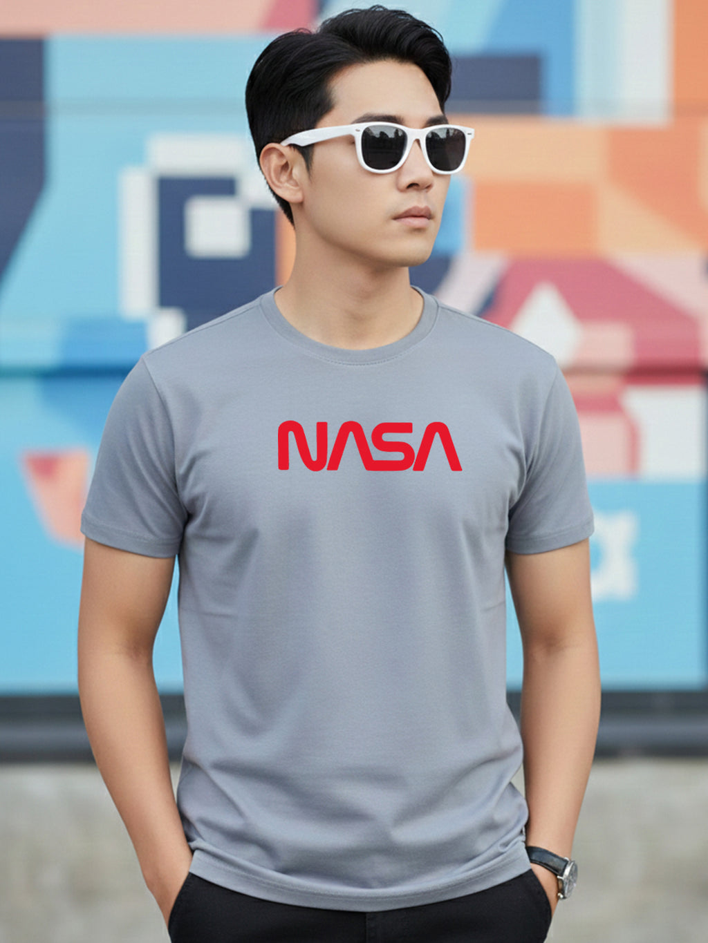 Greylongg Round Neck Nasa Design Printed T-Shirt.
