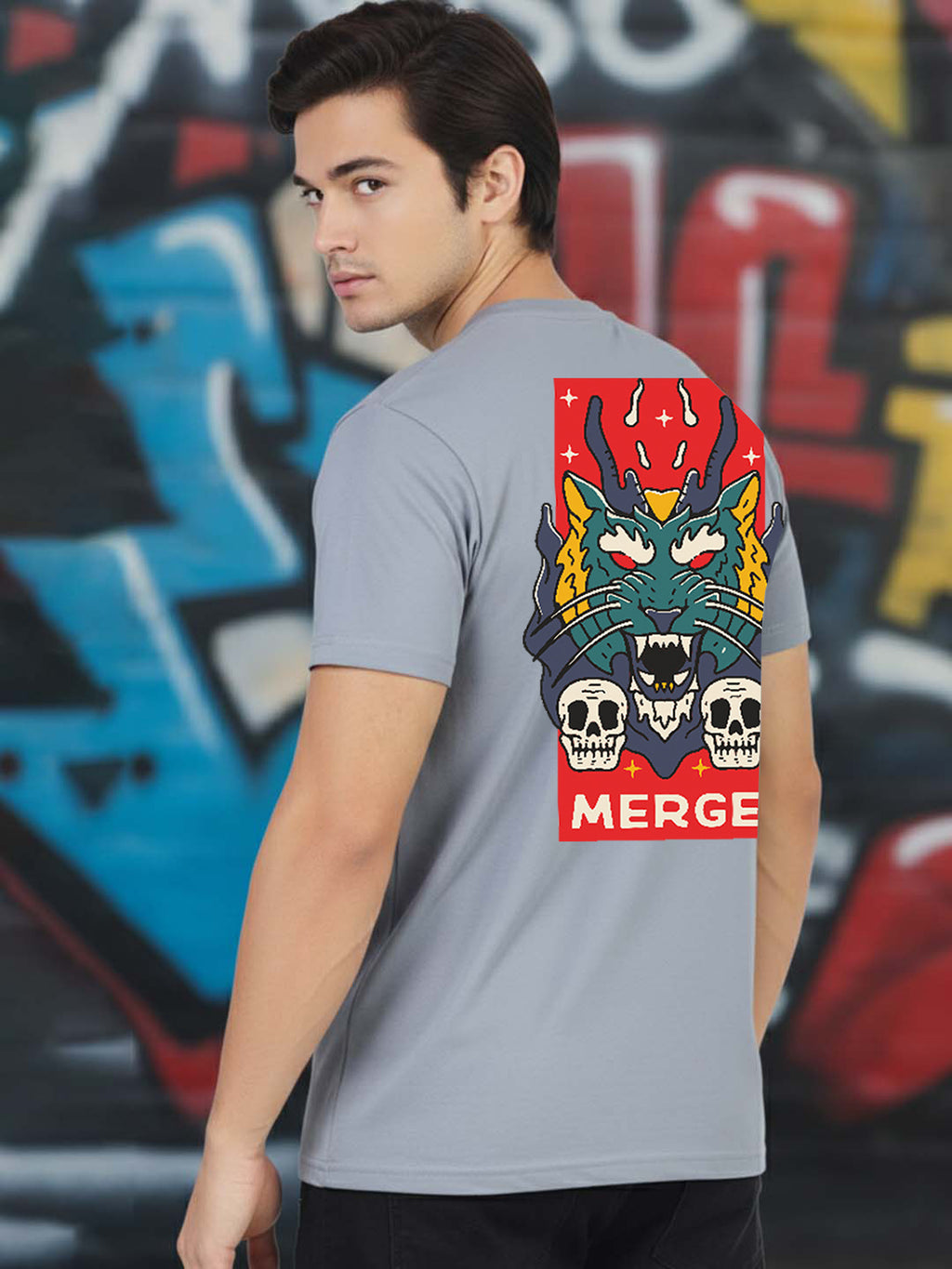 Greylongg Round Neck It's Gragon Design Printed T-Shirt.