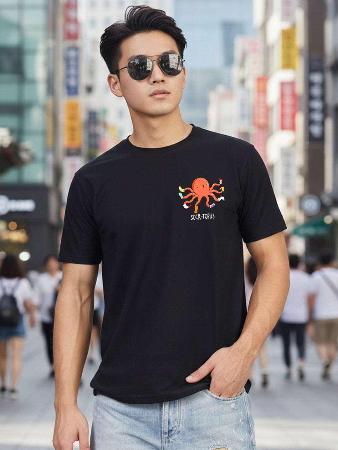 Greylongg Round Neck It's Octopus Design Printed T-Shirt.