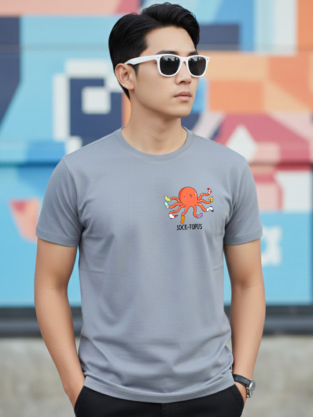 Greylongg Round Neck It's Octopus Design Printed T-Shirt.