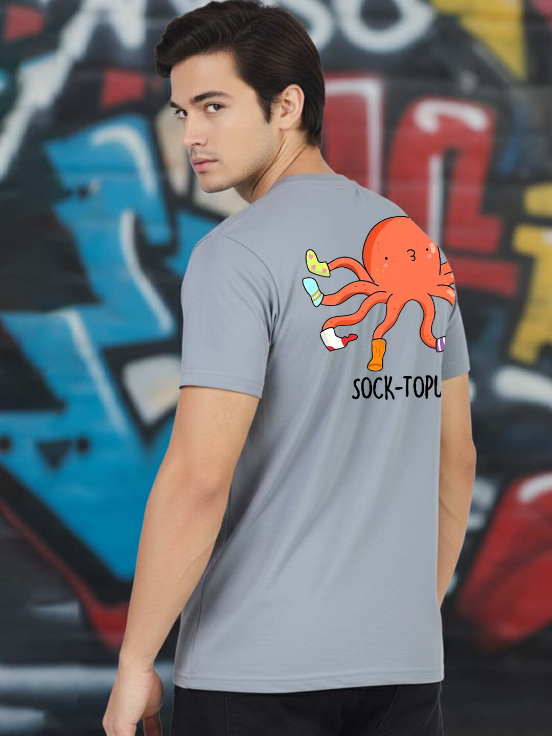 Greylongg Round Neck It's Octopus Design Printed T-Shirt.