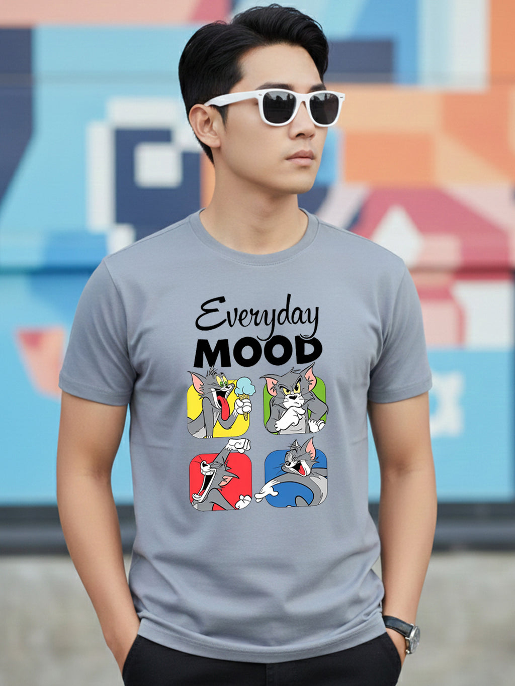 Greylongg Round Neck Tom Cartoon Design Printed T-Shirt.