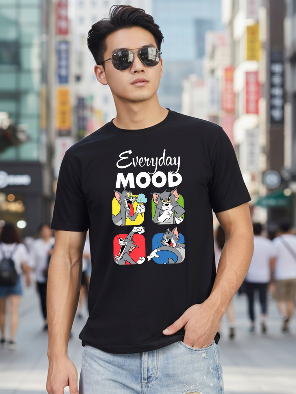 Greylongg Round Neck Tom Cartoon Design Printed T-Shirt.