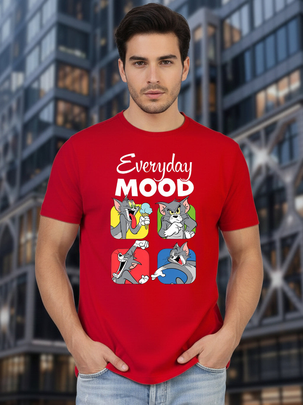 Greylongg Round Neck Tom Cartoon Design Printed T-Shirt.