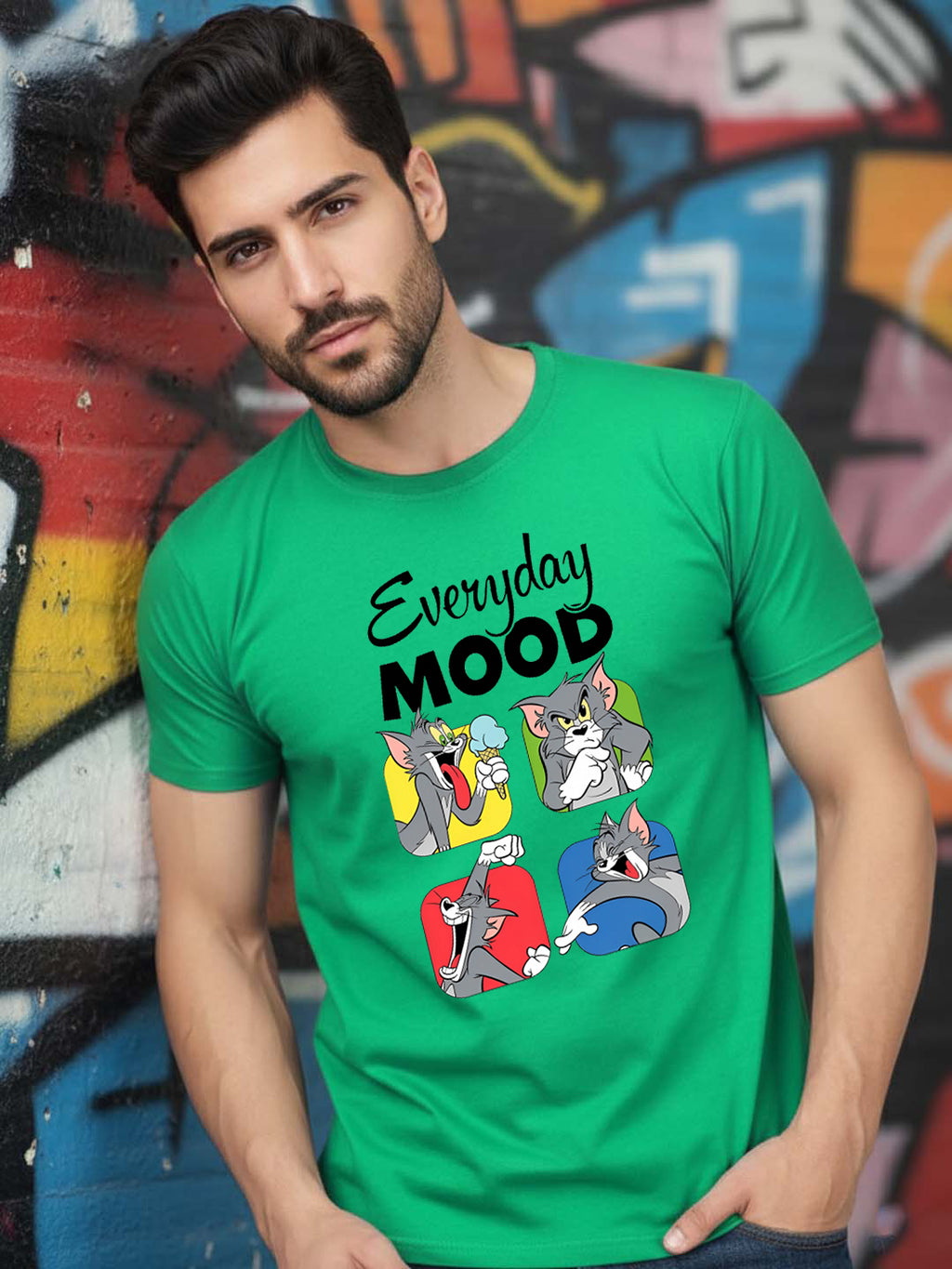 Greylongg Round Neck Tom Cartoon Design Printed T-Shirt.