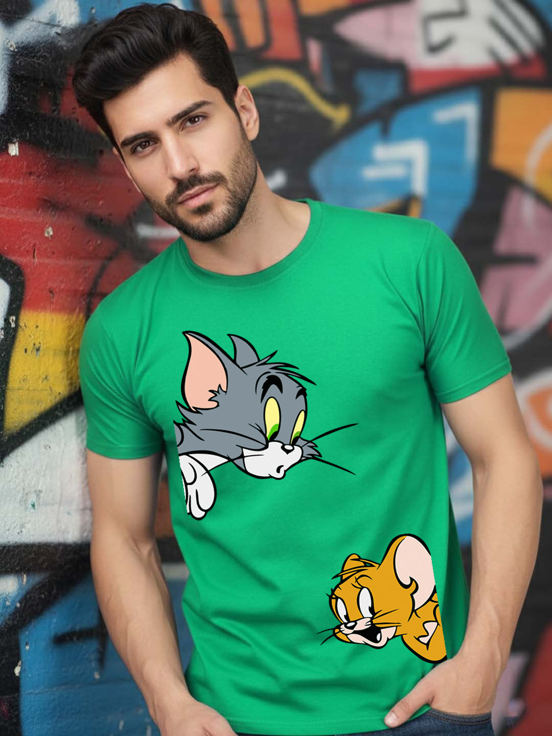 Greylongg Round Neck Cartoon Tom & Jerry Design Printed T-Shirt.
