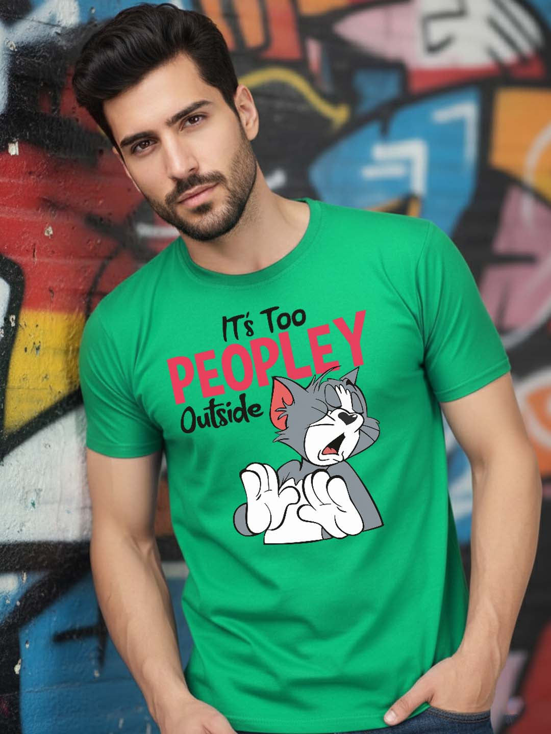 Greylongg Round Neck Cartoon Tom Design Printed T-Shirt.