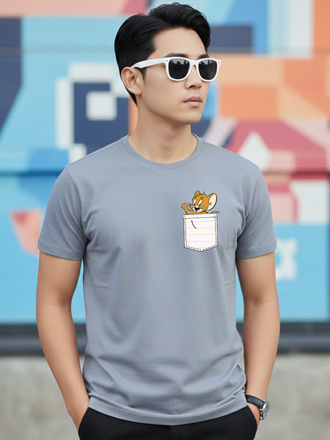 Greylongg Round Neck Cartoon Jerry Design Printed T-Shirt.