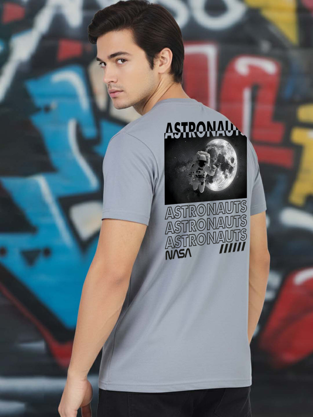 Greylongg Round Neck Astronauts Design Printed T-Shirt.