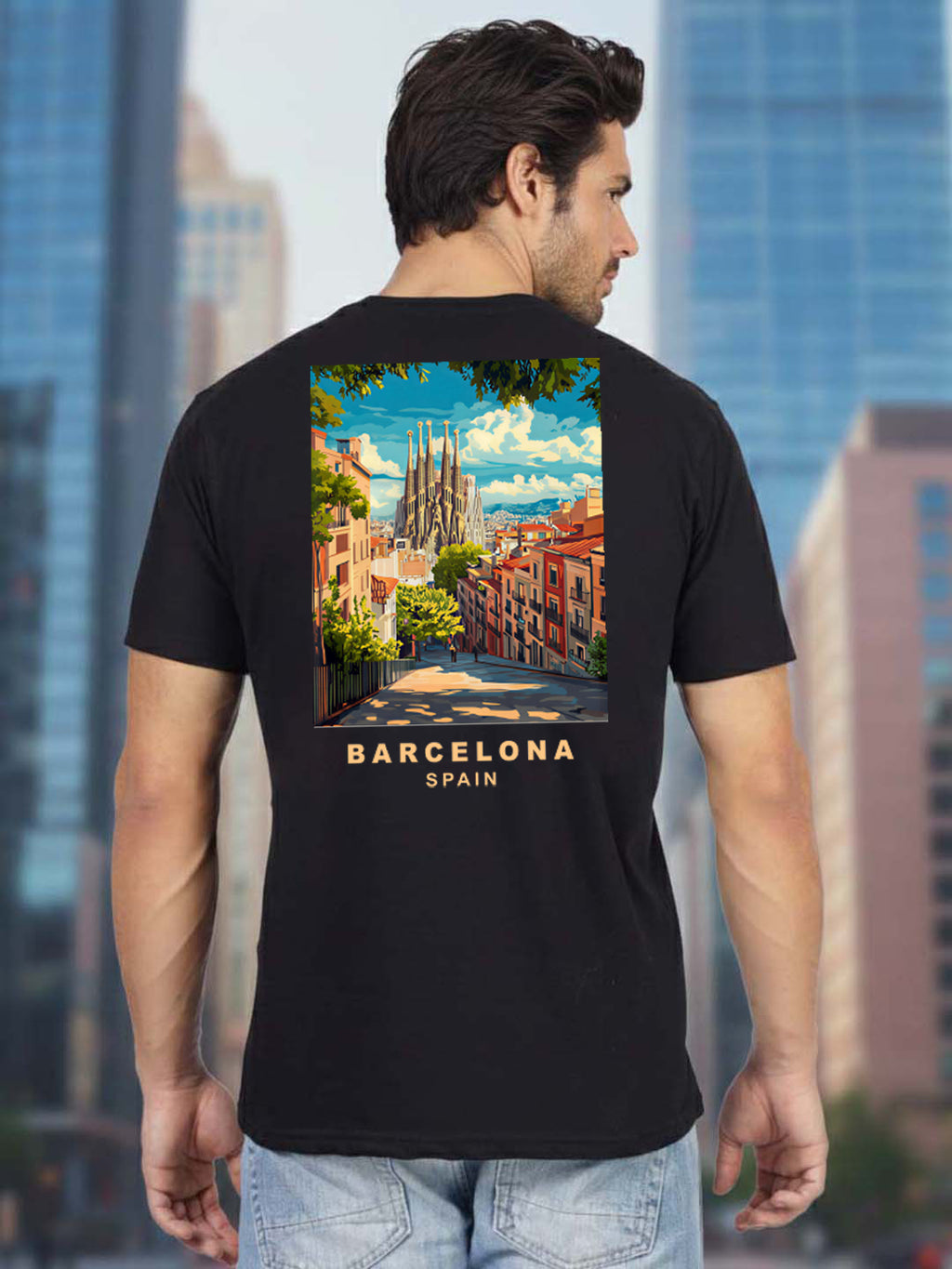 Greylongg Round Neck Barcelona spain Design Printed T-Shirt.