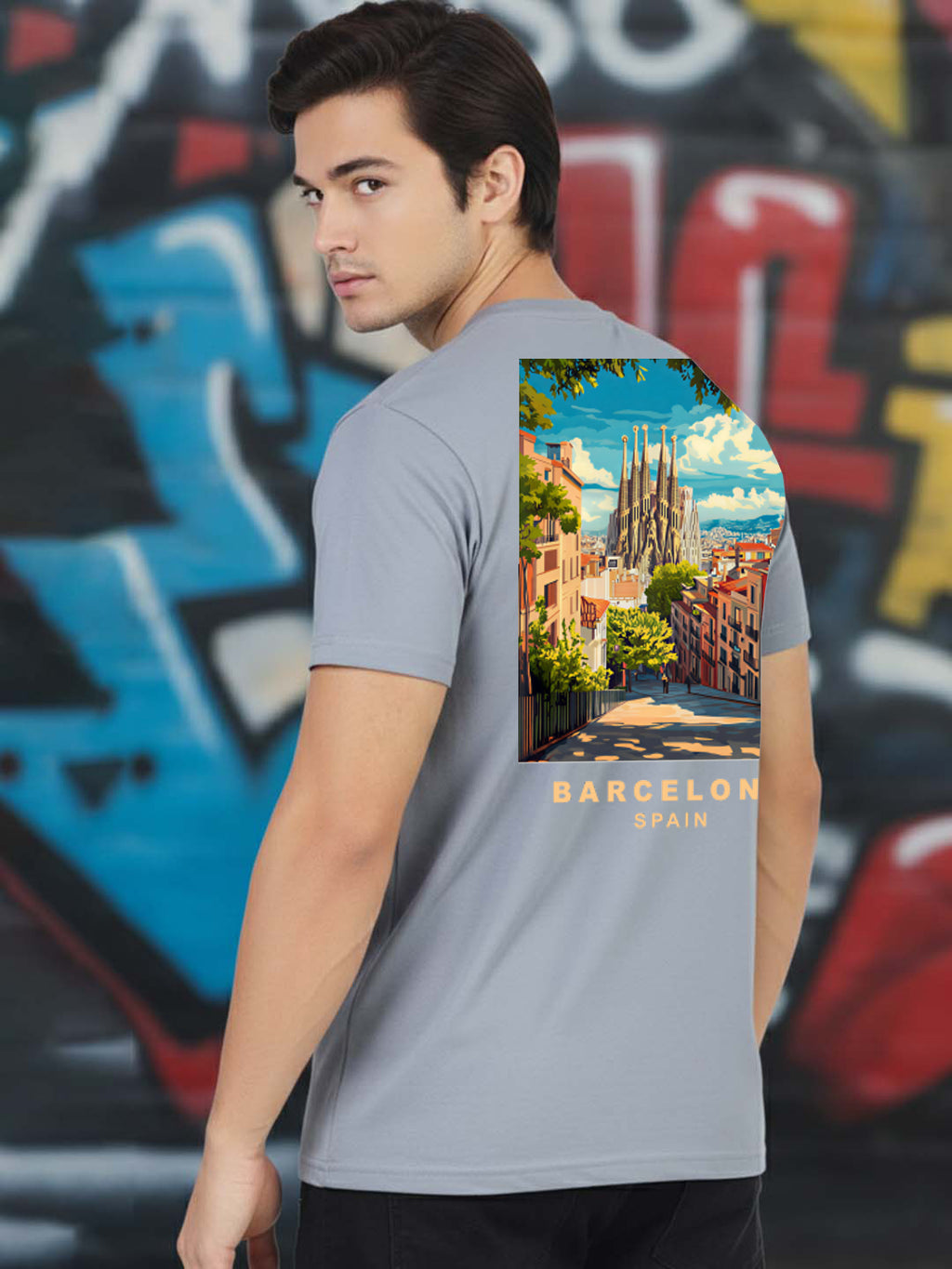 Greylongg Round Neck Barcelona spain Design Printed T-Shirt.