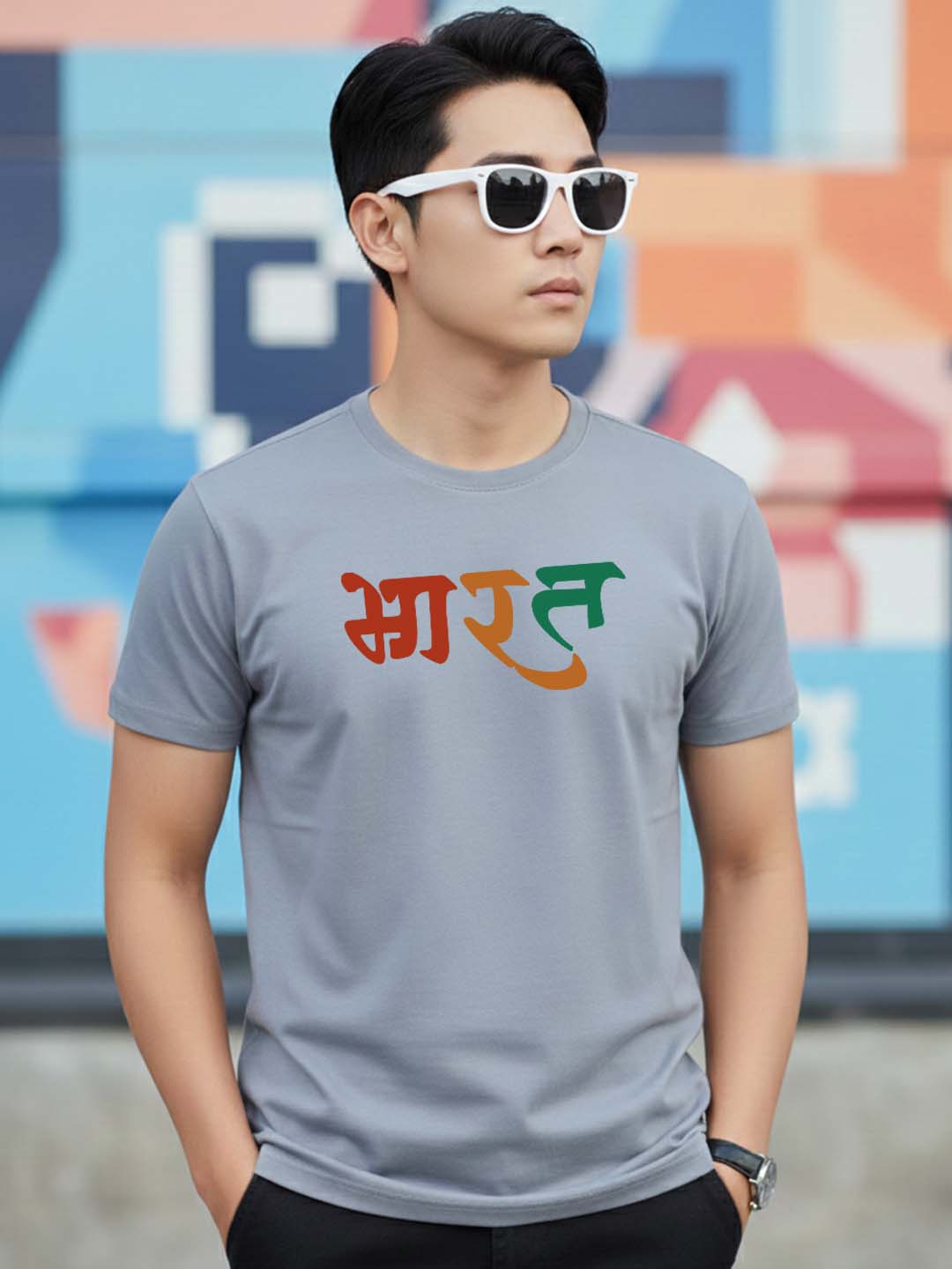 Greylongg Round Neck Bharat Design Printed T-Shirt.