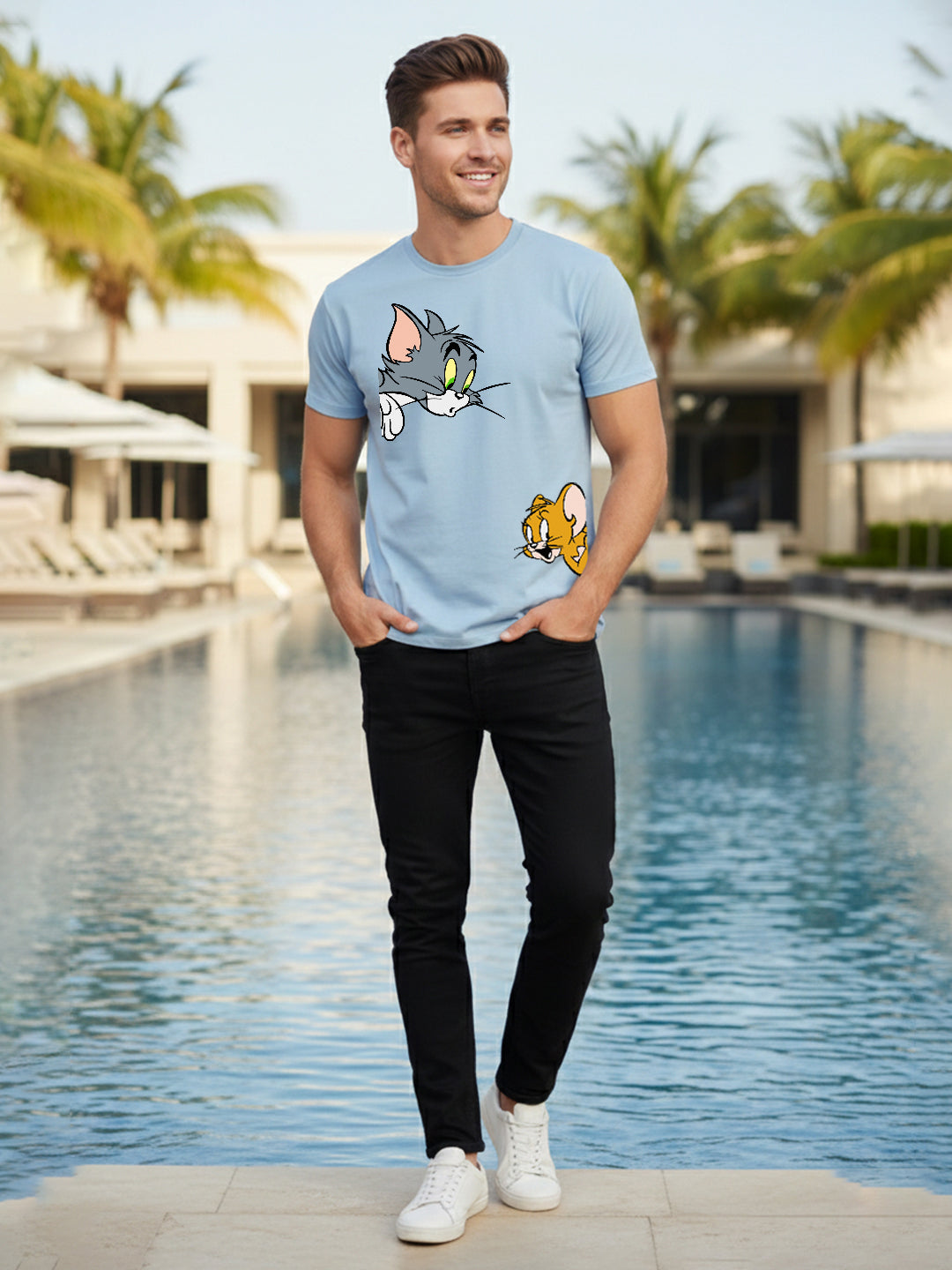 Greylongg Round Neck Cartoon Tom & Jerry Design Printed T-Shirt.