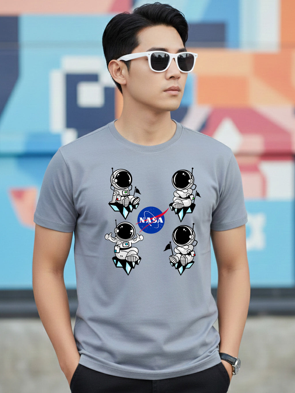 Greylongg Round Neck Nasa Design Printed T-Shirt.