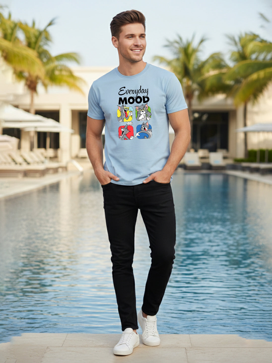 Greylongg Round Neck Tom Cartoon Design Printed T-Shirt.
