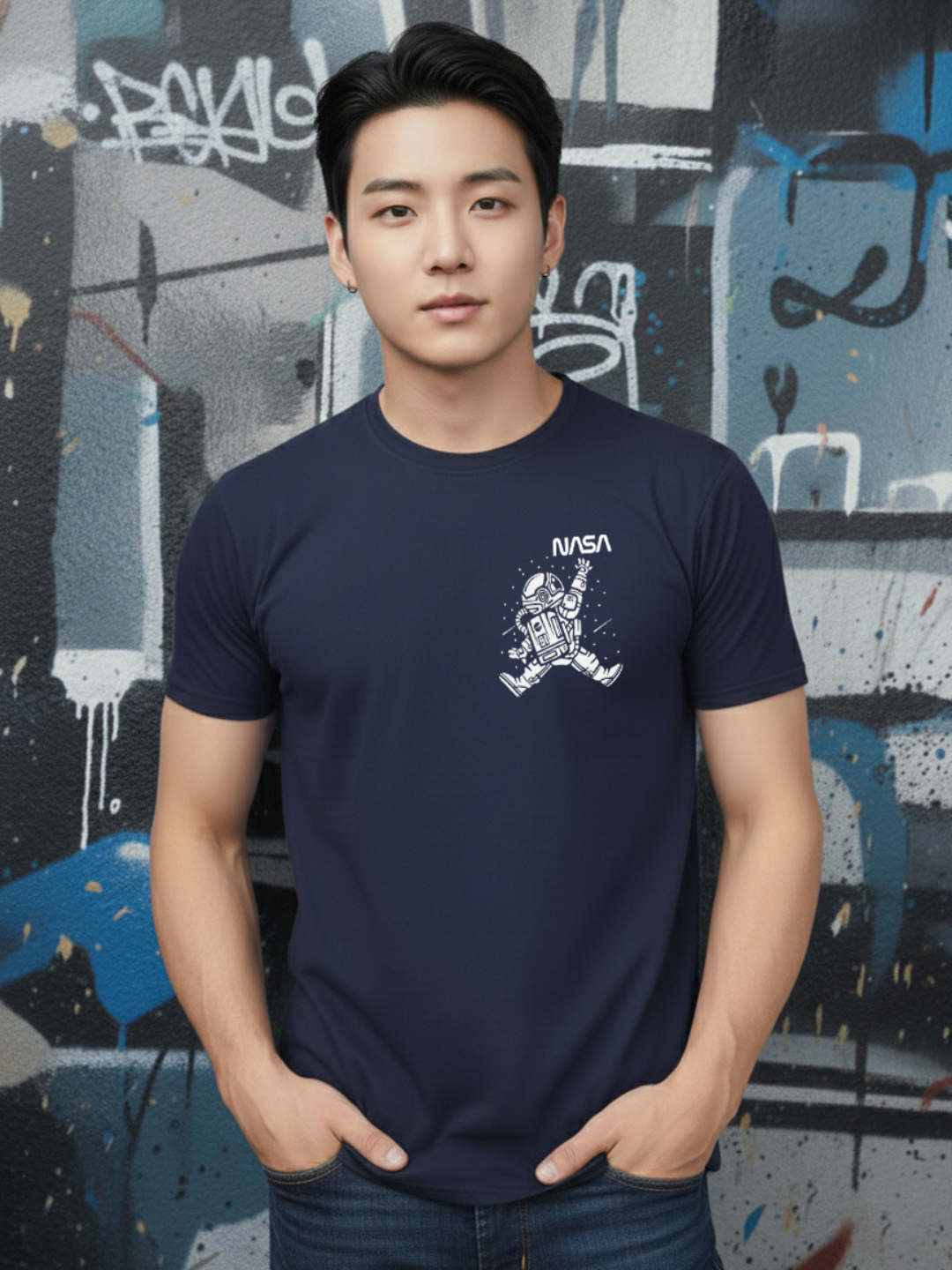 Greylongg Round Neck Nasa Design Printed T-Shirt.