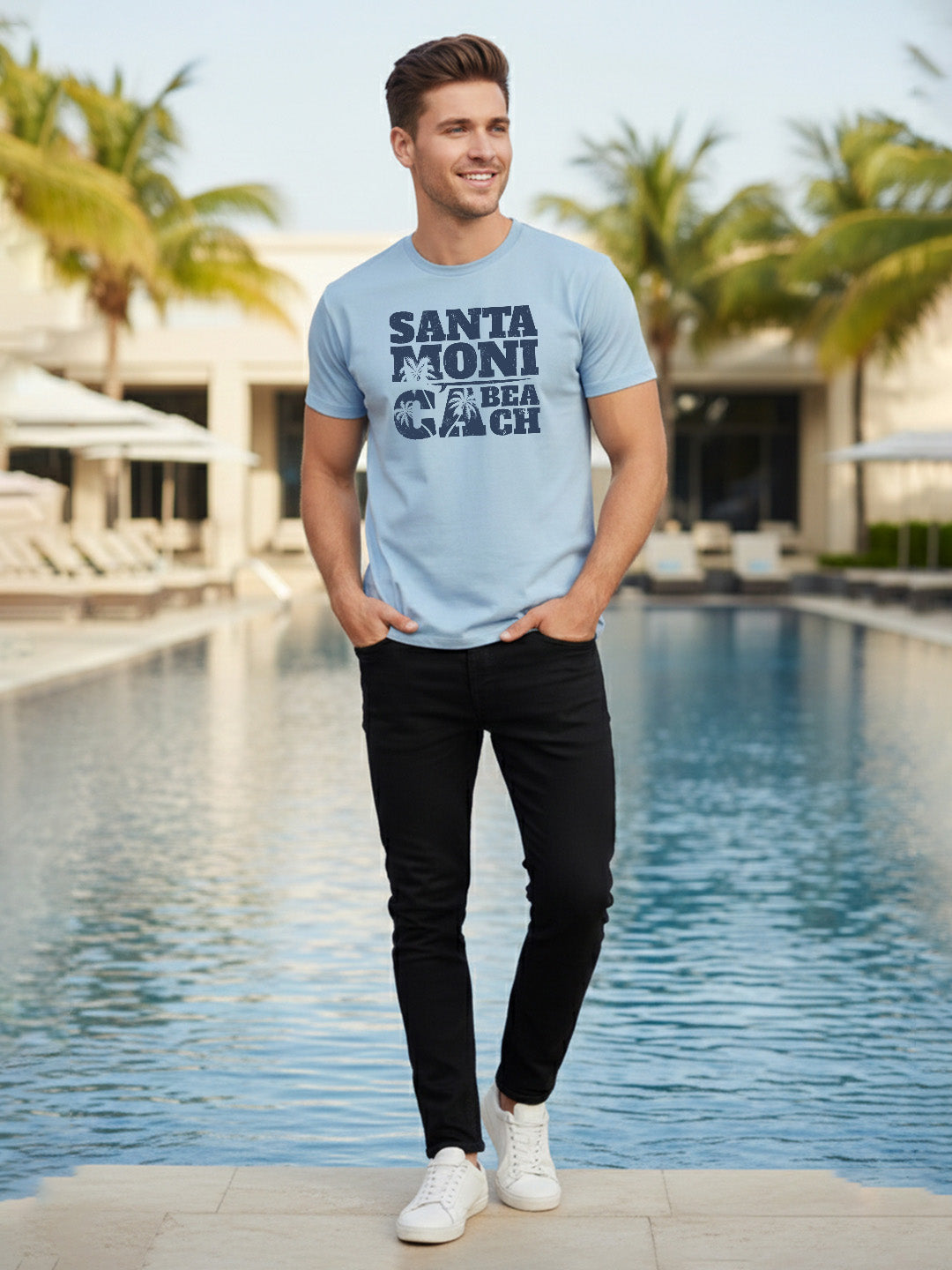Greylongg Round Neck Santa Moni Cabeach Design Printed T-Shirt.