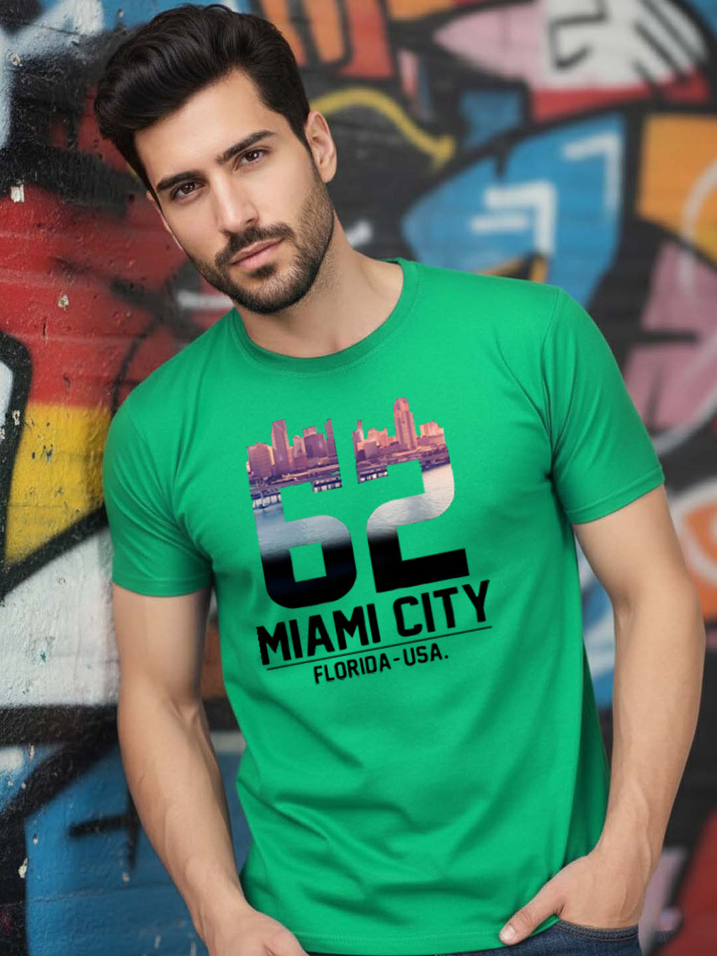 Greylongg Round Neck Miami City Design Printed T-Shirt.