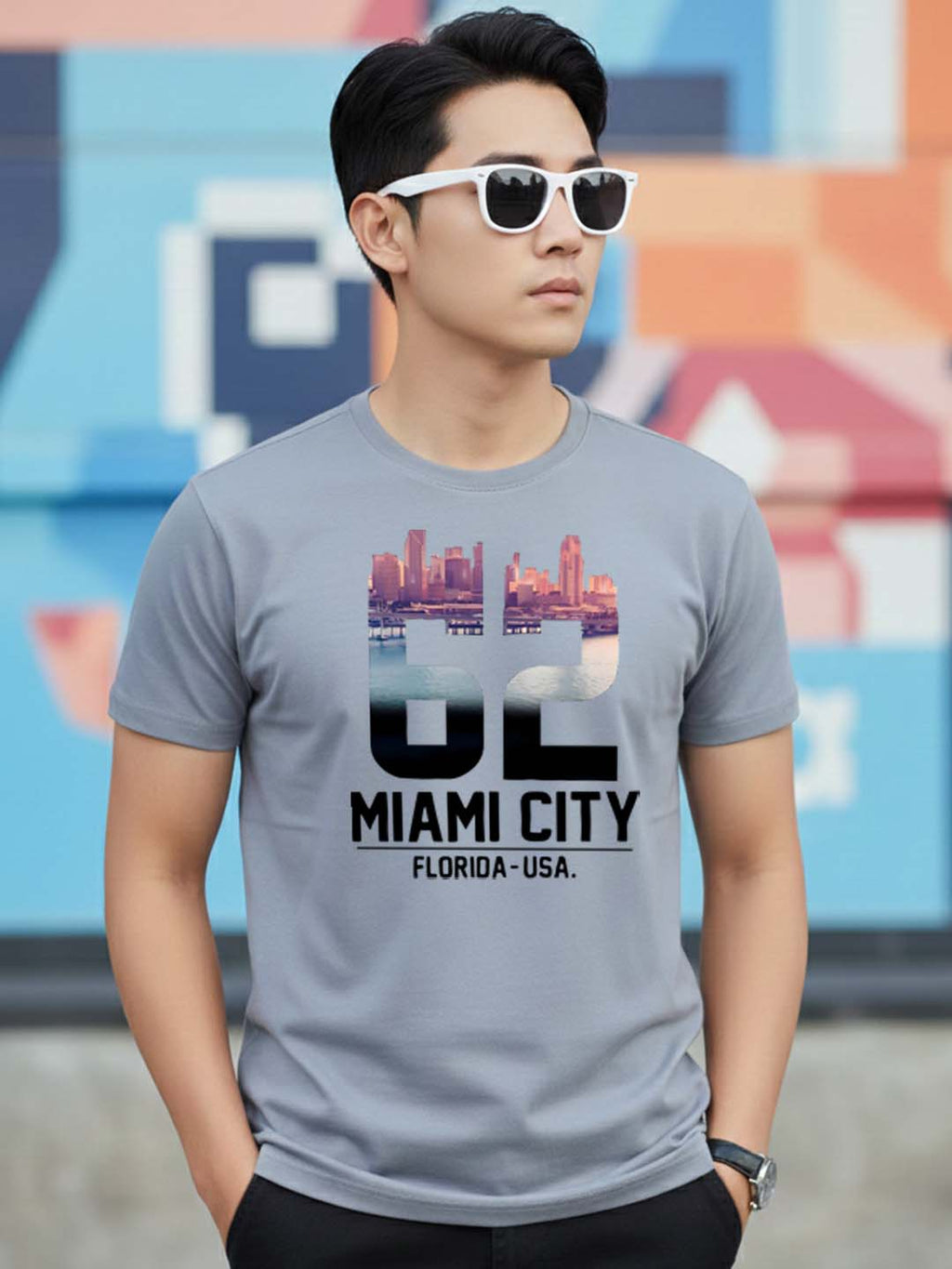 Greylongg Round Neck Miami City Design Printed T-Shirt.