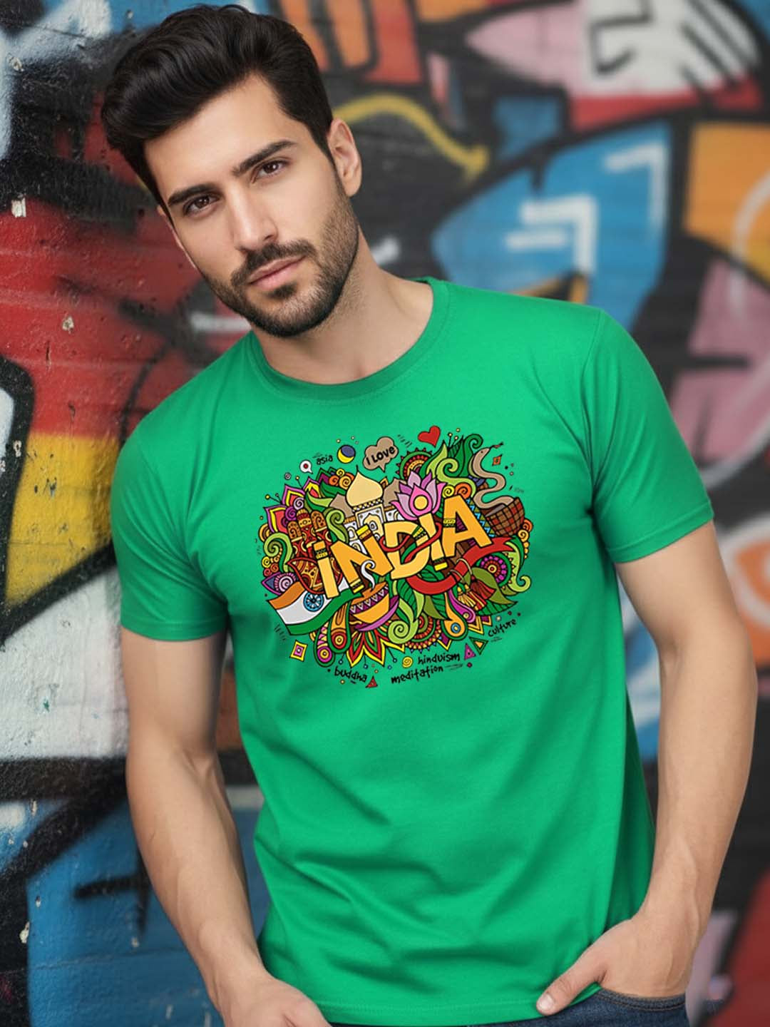 Greylongg Round Neck India Festival Design Printed T-Shirt.