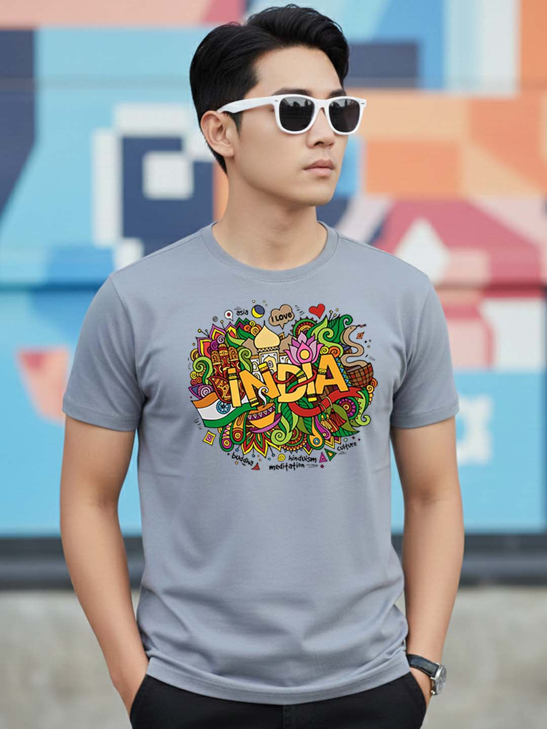 Greylongg Round Neck India Festival Design Printed T-Shirt.