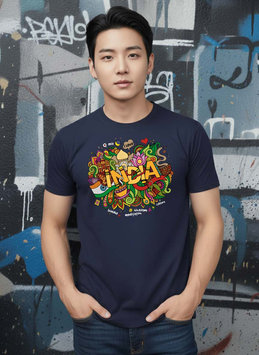 Greylongg Round Neck India Festival Design Printed T-Shirt.