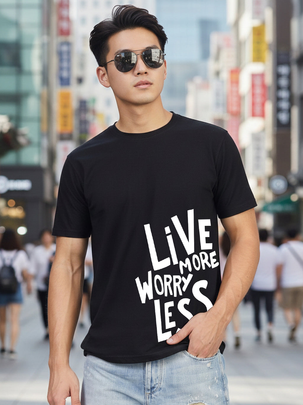 Greylongg Round Neck Live More Design Printed T-Shirt.