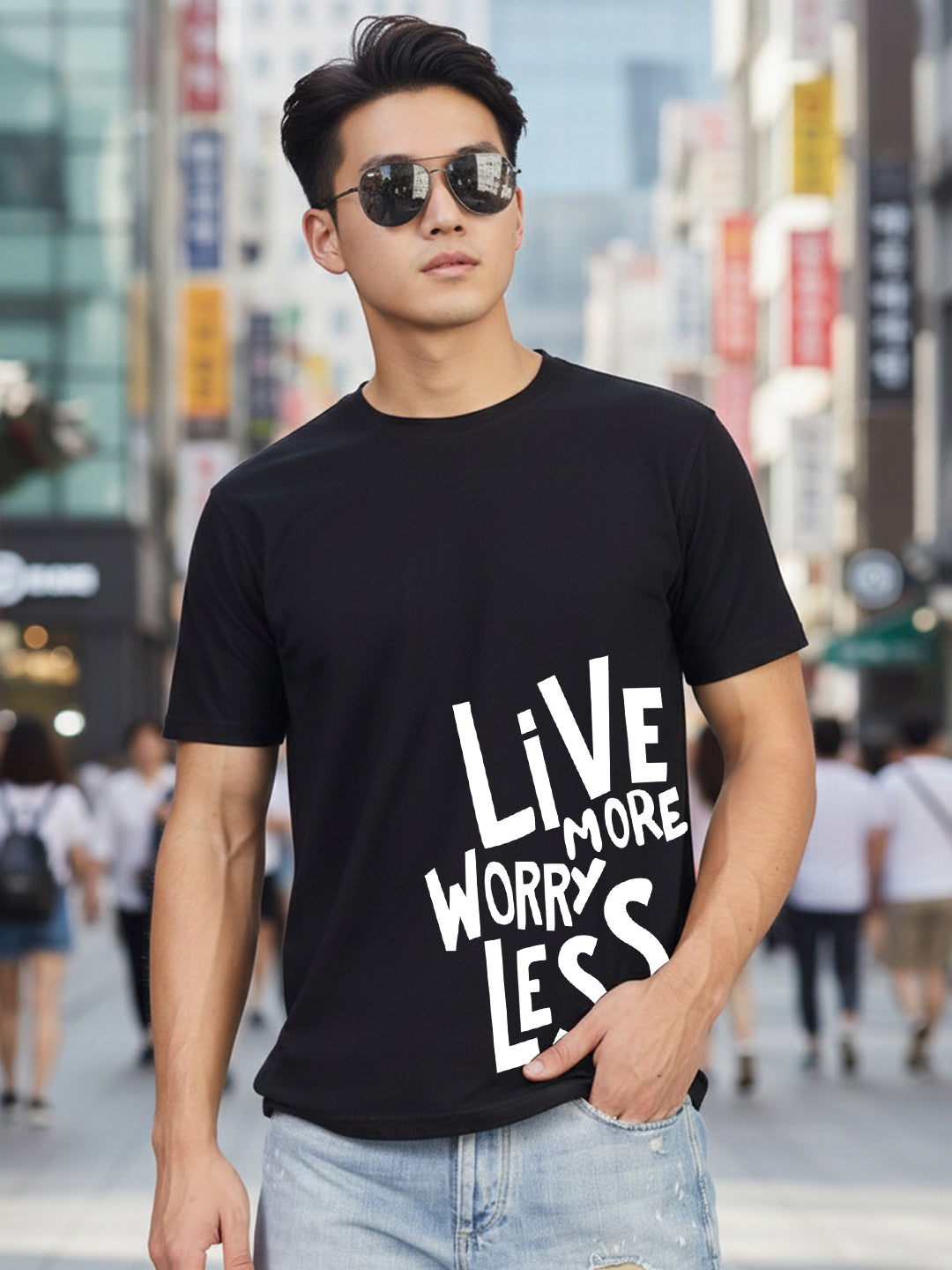 Greylongg Round Neck Live More Design Printed T-Shirt.