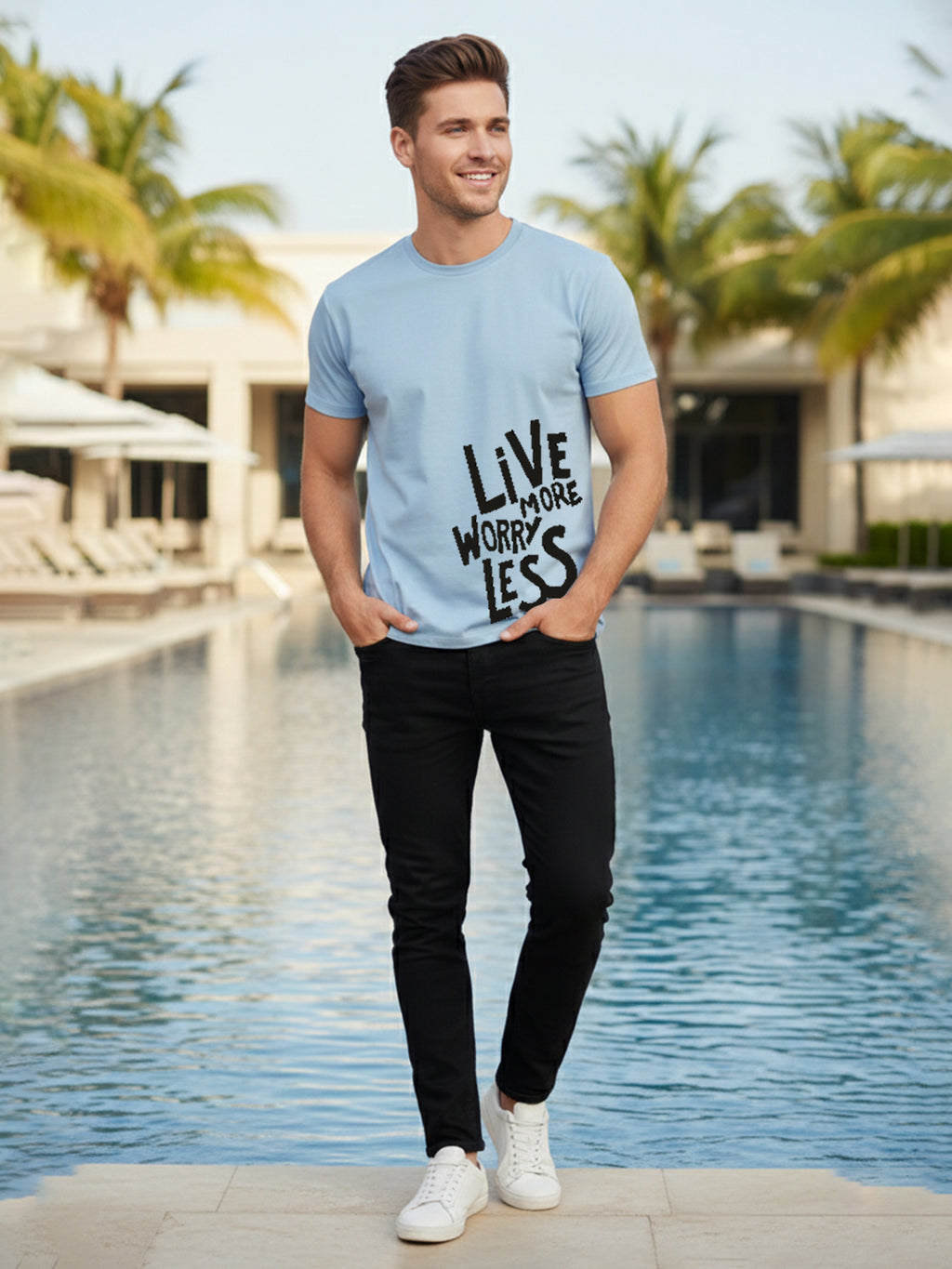 Greylongg Round Neck Live More Design Printed T-Shirt.