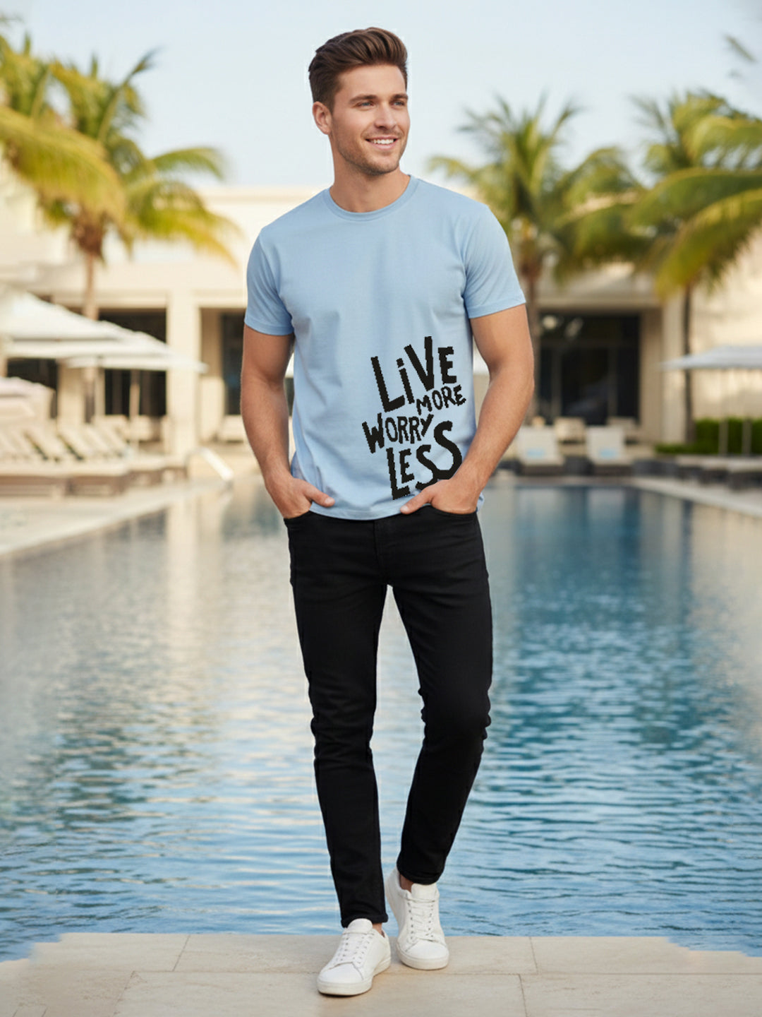 Greylongg Round Neck Live More Design Printed T-Shirt.