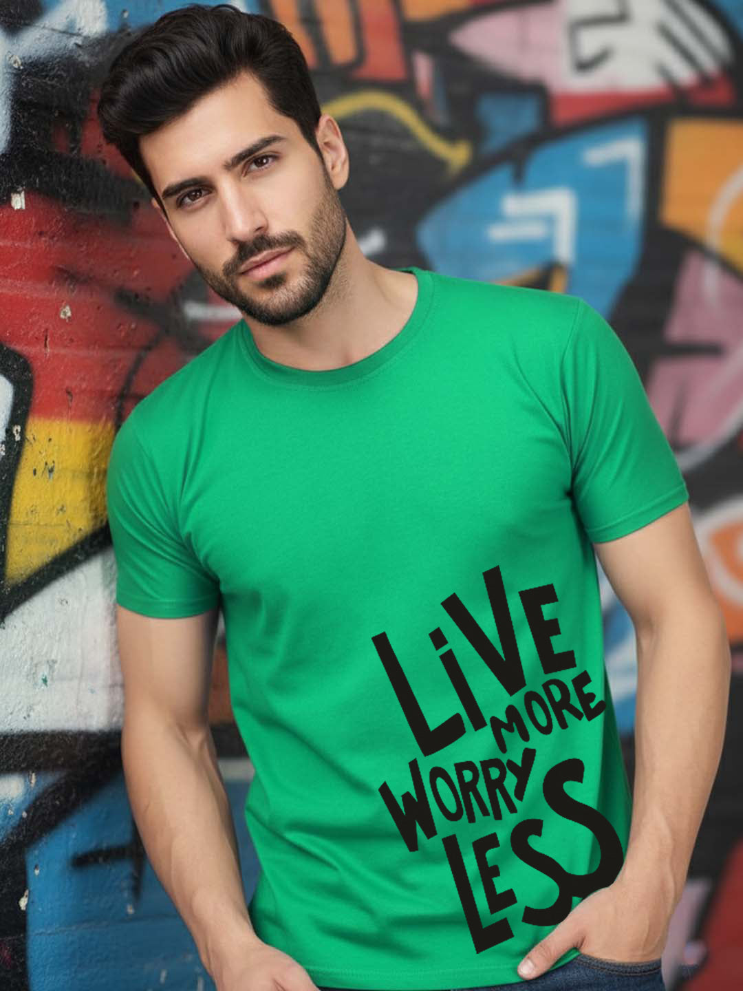 Greylongg Round Neck Live More Design Printed T-Shirt.