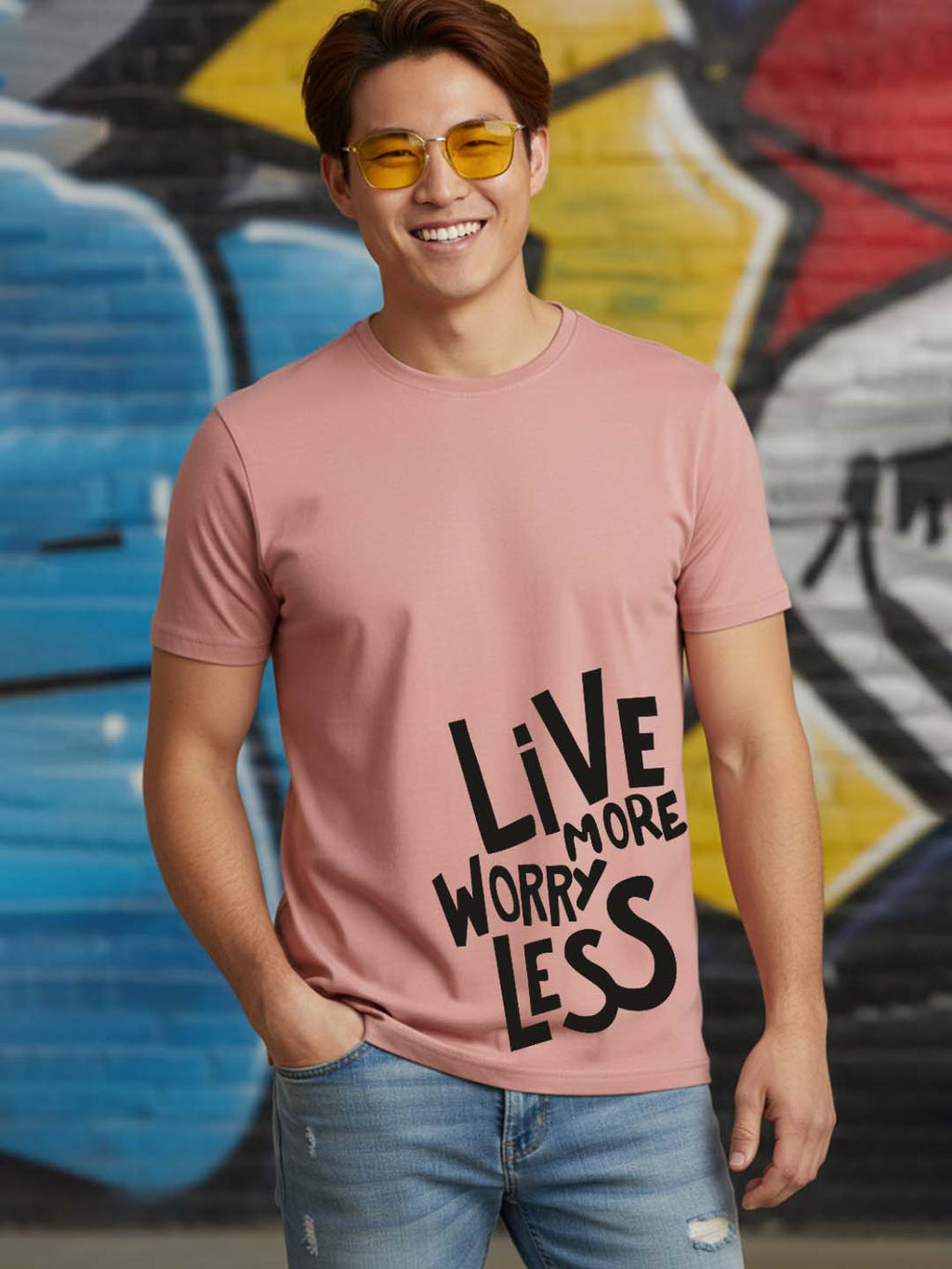 Greylongg Round Neck Live More Design Printed T-Shirt.