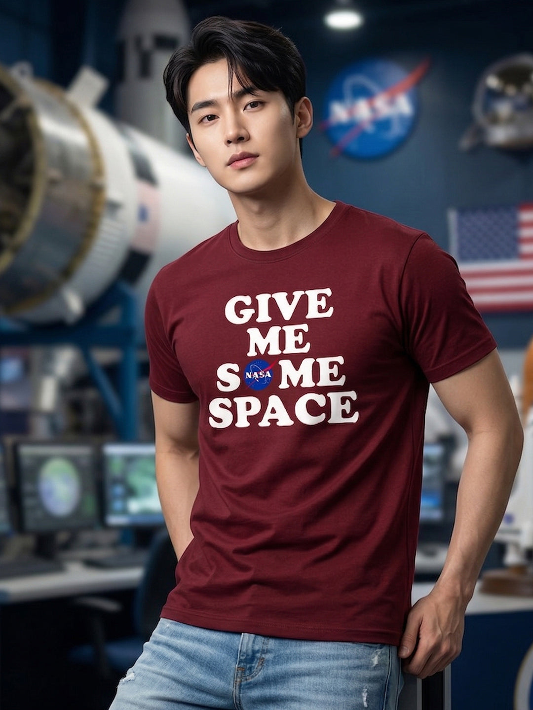 Greylongg Round Neck Nasa Space Design  printed T-shirts
