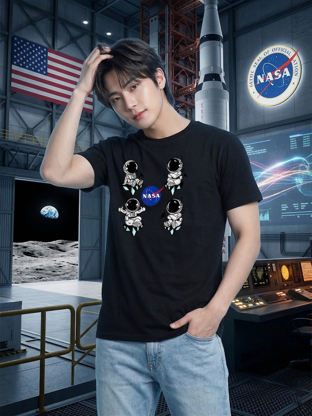 Greylongg Round Neck Nasa Design  printed T-shirts
