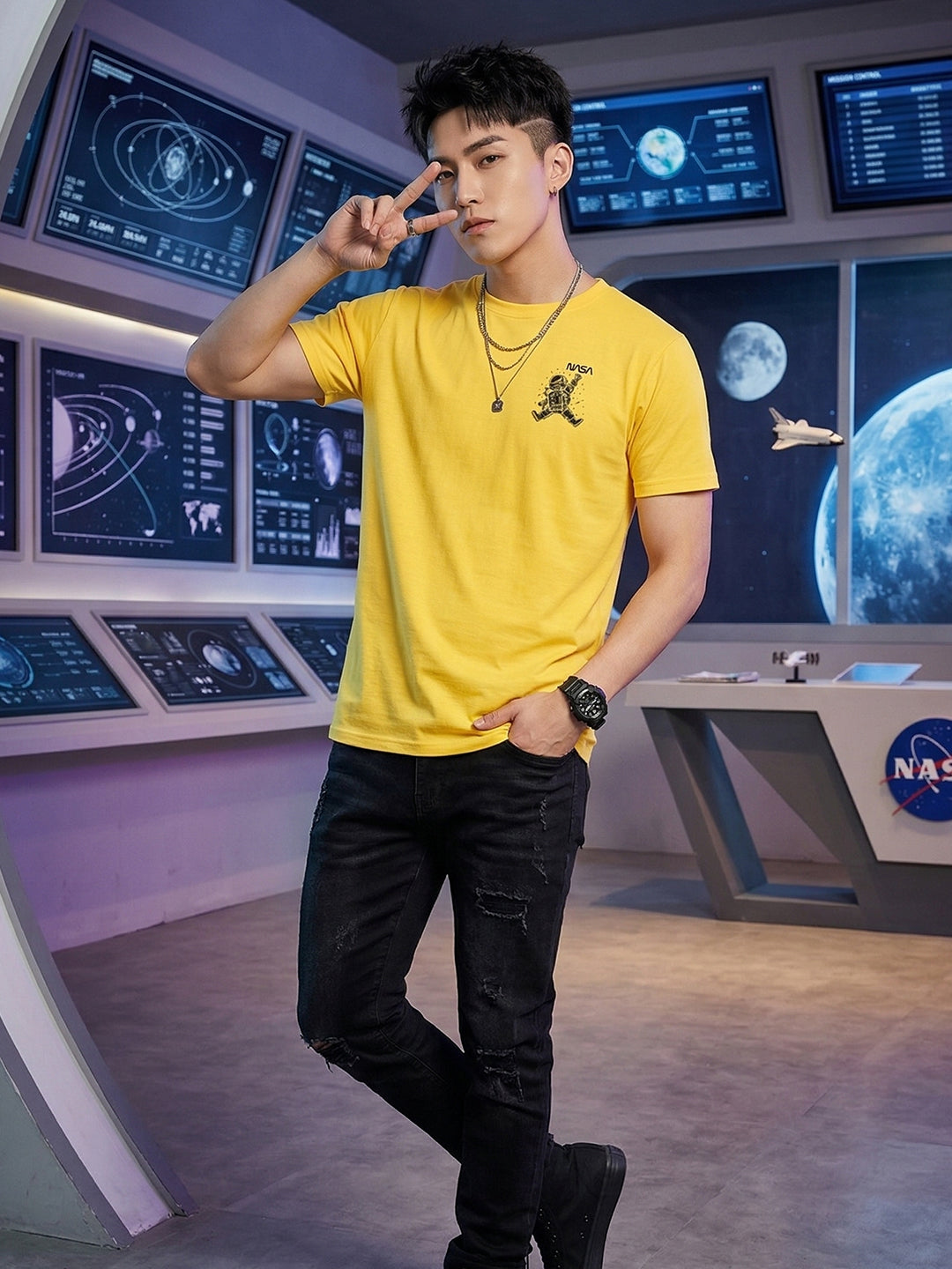 Greylongg Round Neck Nasa Design  printed T-shirts