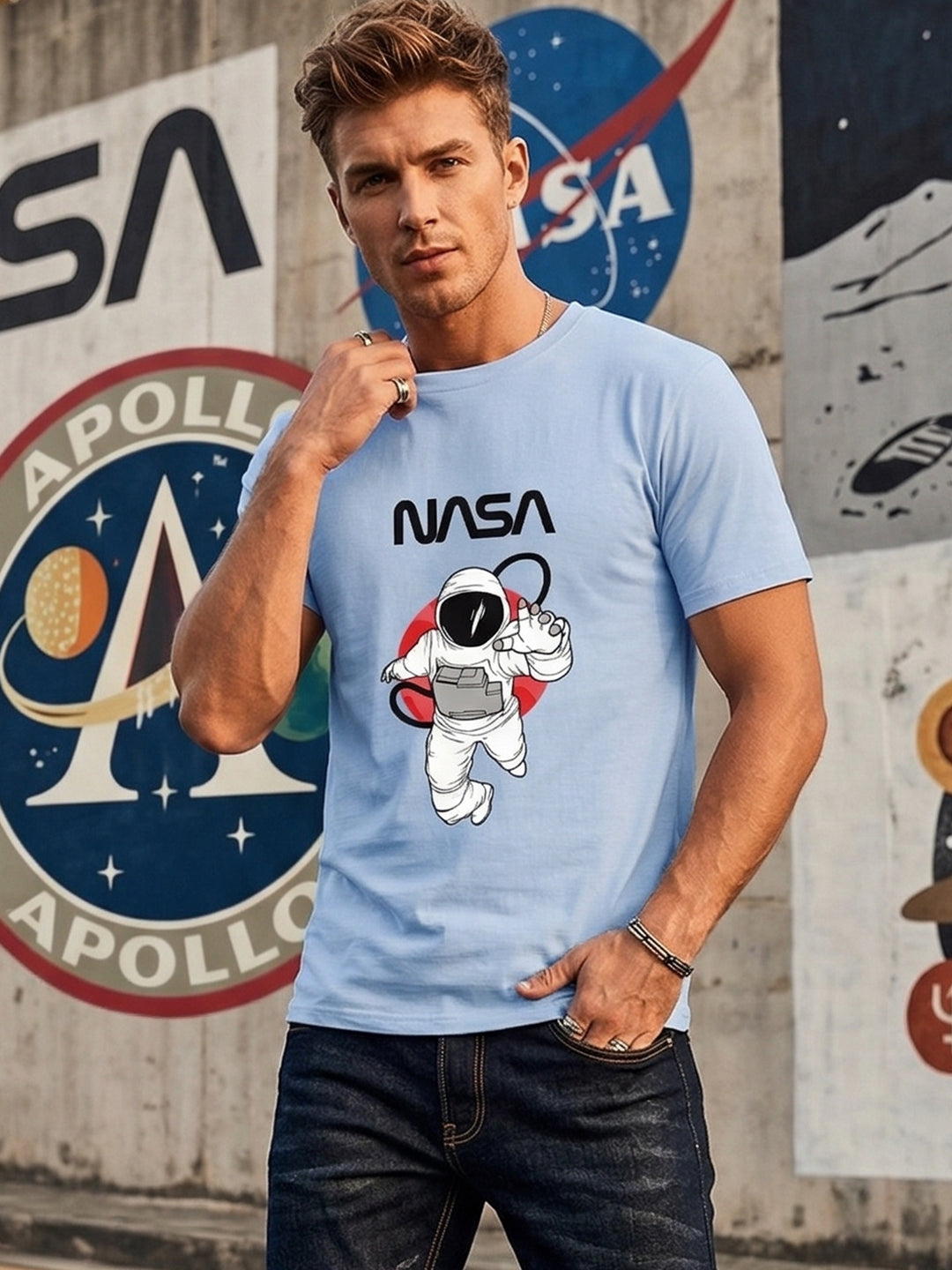 Greylongg Round Neck Nasa Design  printed T-shirts