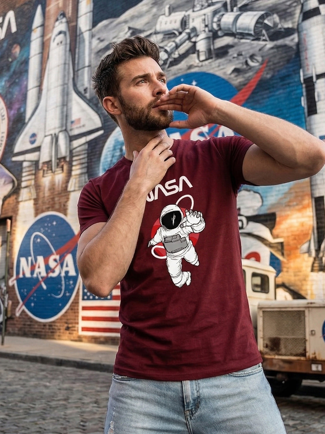 Greylongg Round Neck Nasa Design  printed T-shirts