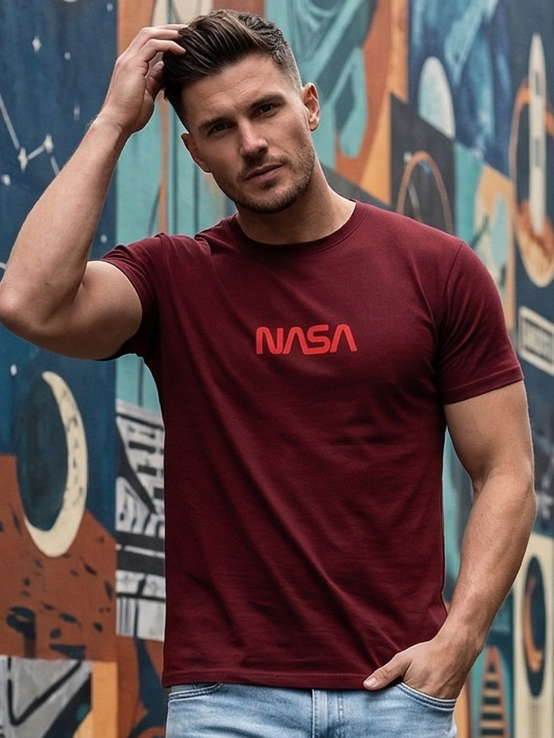 Greylongg Round Neck Nasa Design  printed T-shirts