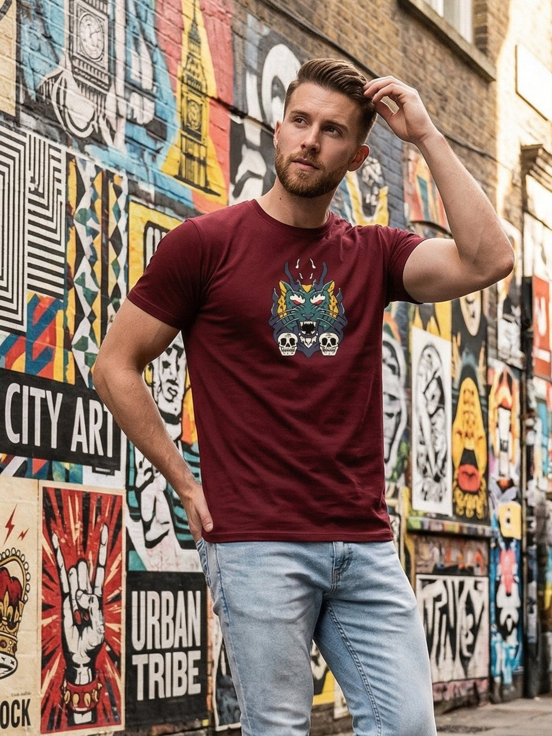 Greylongg Round Neck Dragon Merge Design  printed T-shirts