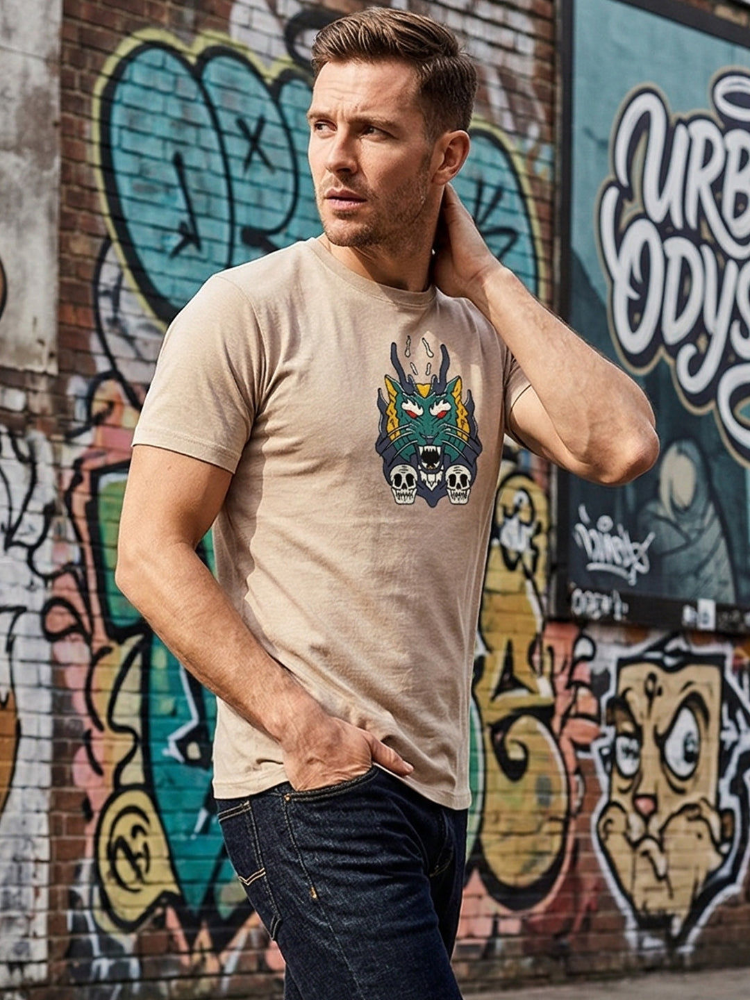 Greylongg Round Neck Dragon Merge Design printed T-shirts