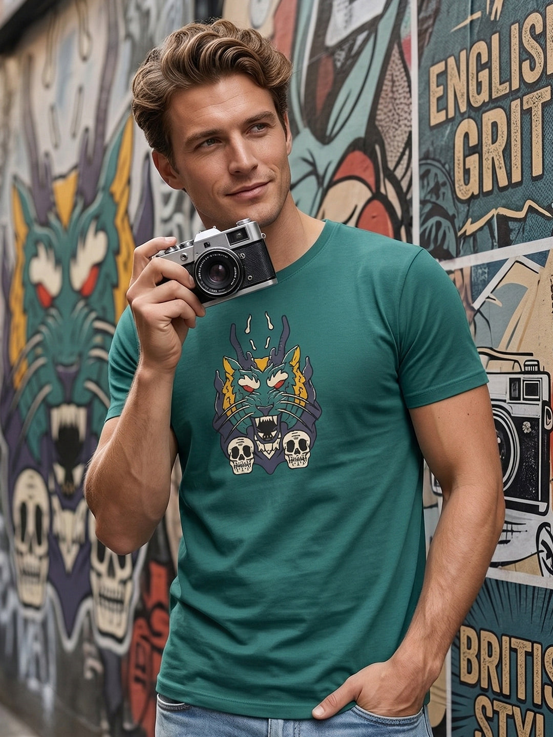 Greylongg Round Neck Dragon Merge Design printed T-shirts