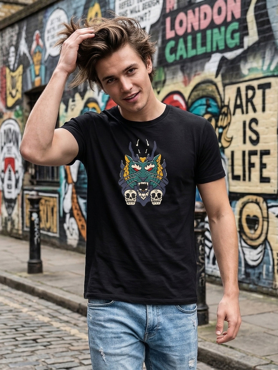 Greylongg Round Neck Dragon Merge Design printed T-shirts