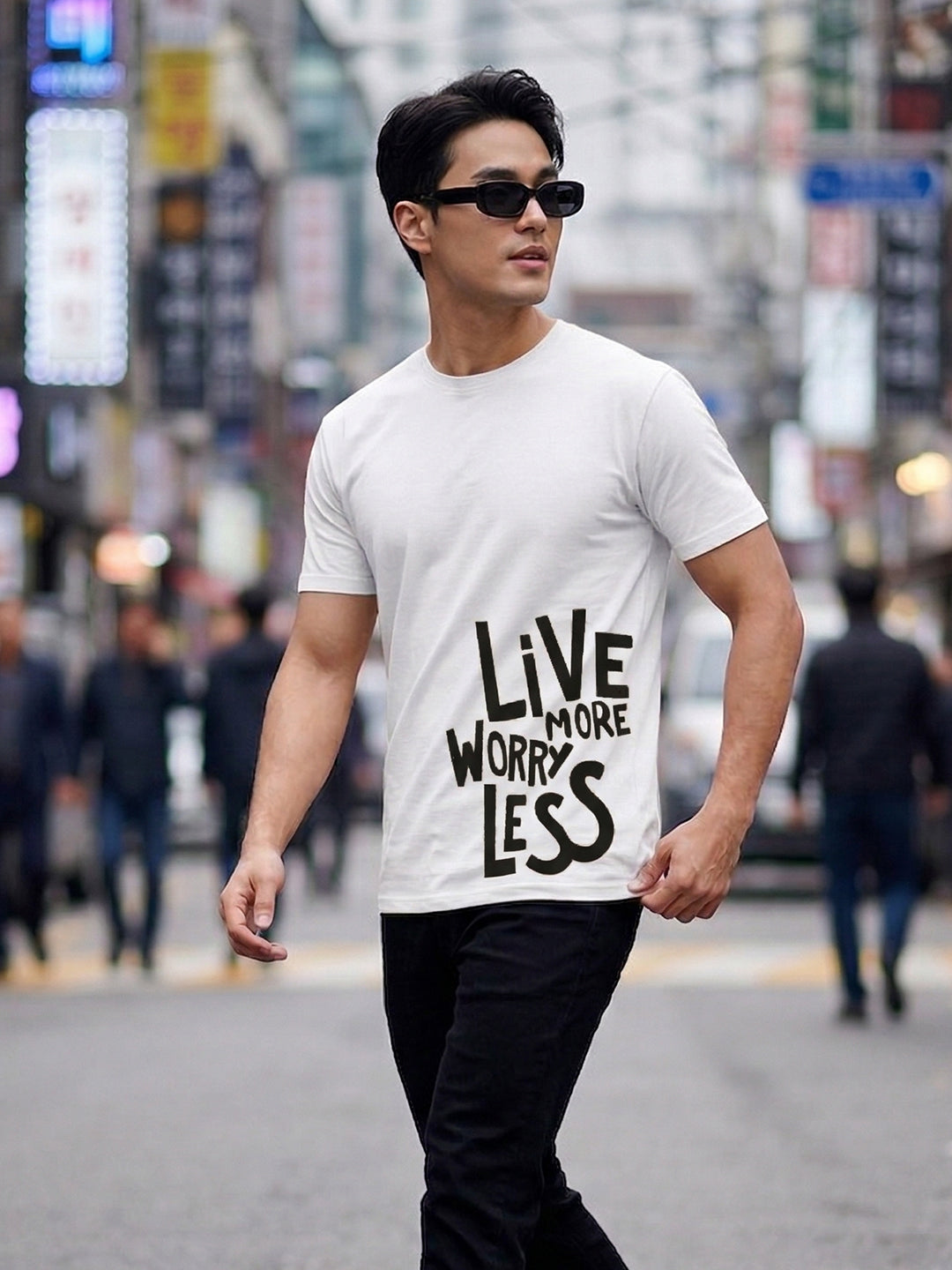 Greylongg Round Neck Live More Worry Less Design T-shirts